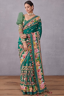 Emerald Green Crepe Silk & Kota Doria Printed Saree by TORANI-TRADITIONAL SIX YARDS