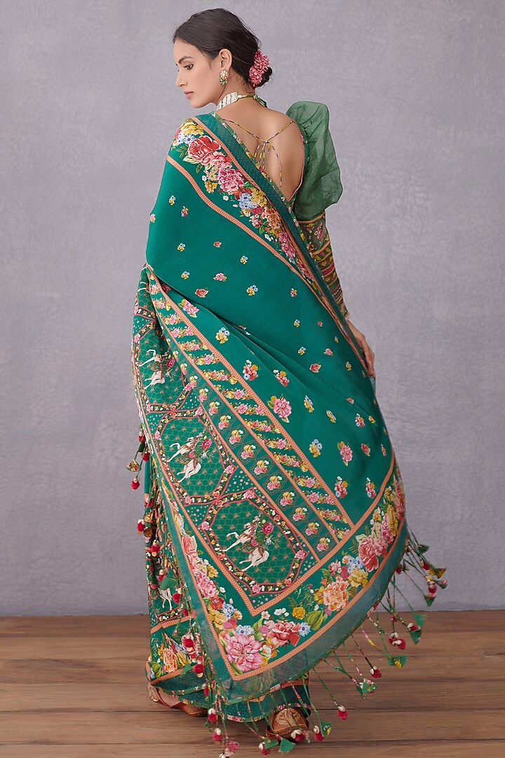 Emerald Green Crepe Silk & Kota Doria Printed Wedding Saree by TORANI at Pernia's Pop Up Shop