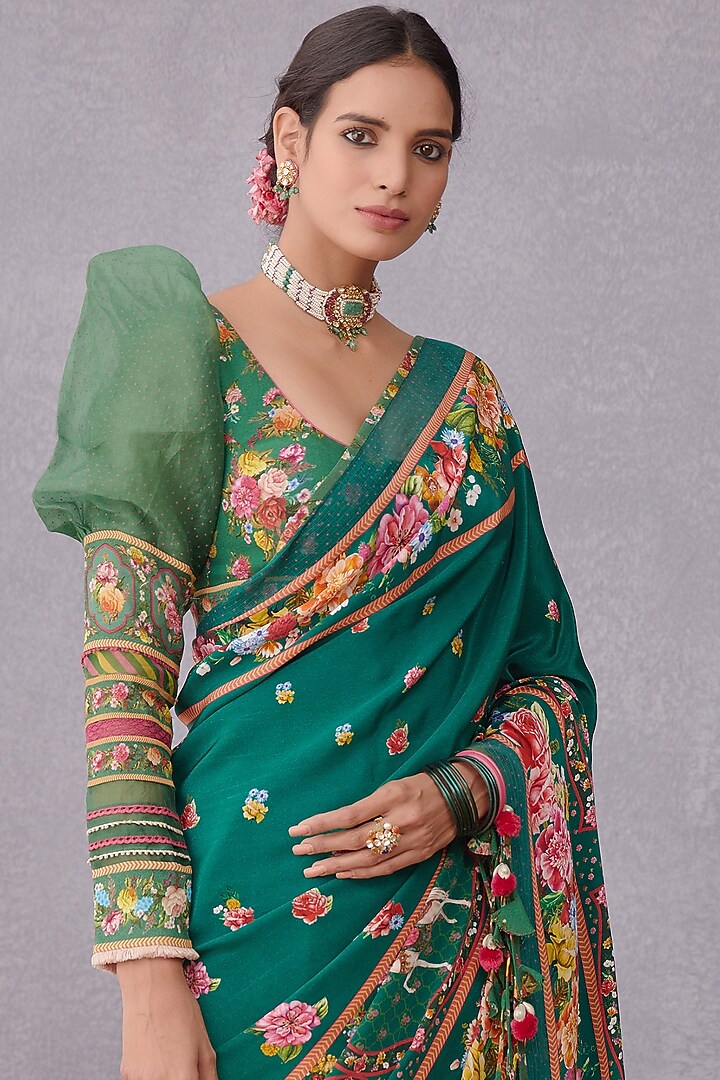 Emerald Green Crepe Silk & Kota Doria Printed Wedding Saree by TORANI at Pernia's Pop Up Shop