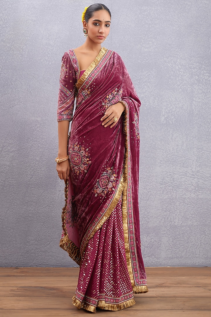 Ruby Red Embroidered Georgette Saree by TORANI