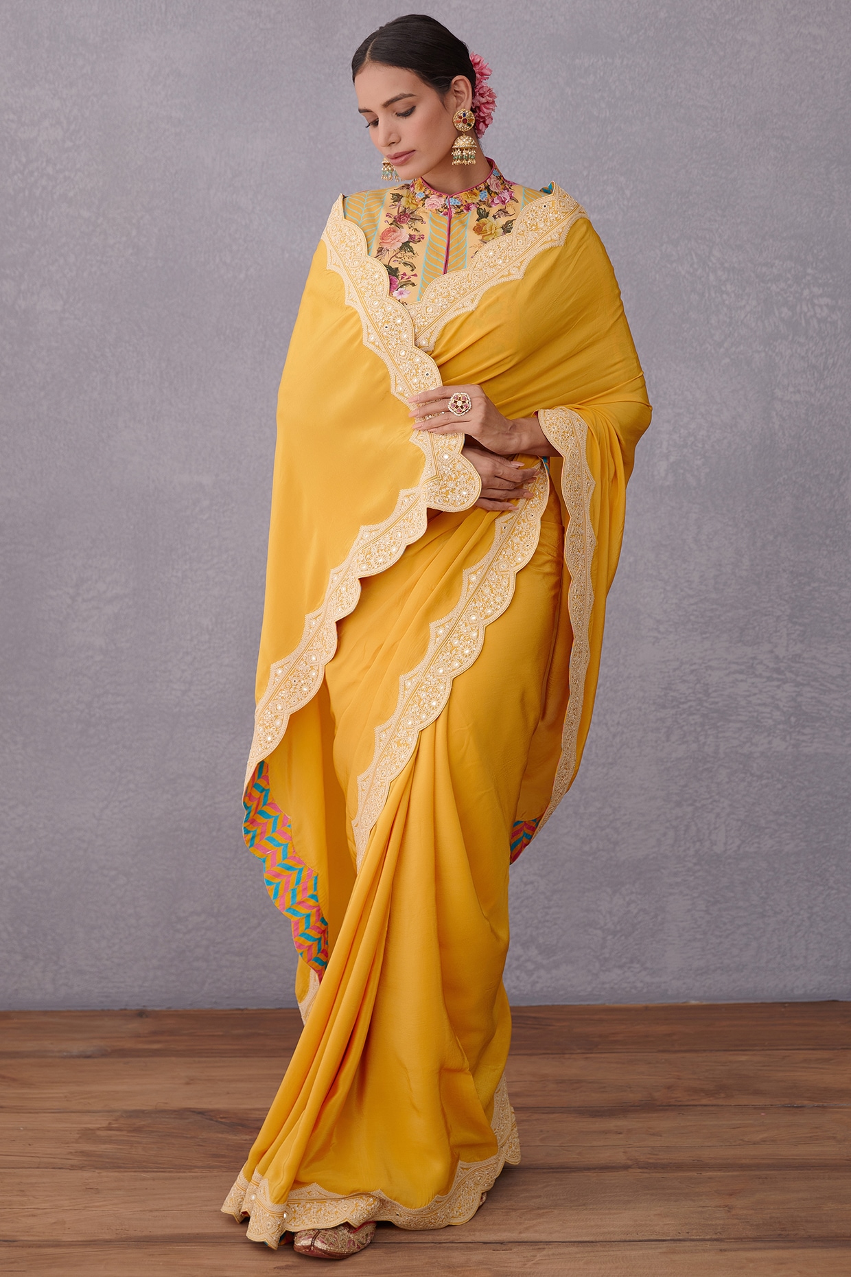 Yellow Crepe Uniform Saree at Rs.550/Piece in coimbatore offer by Kothari  Uniforms