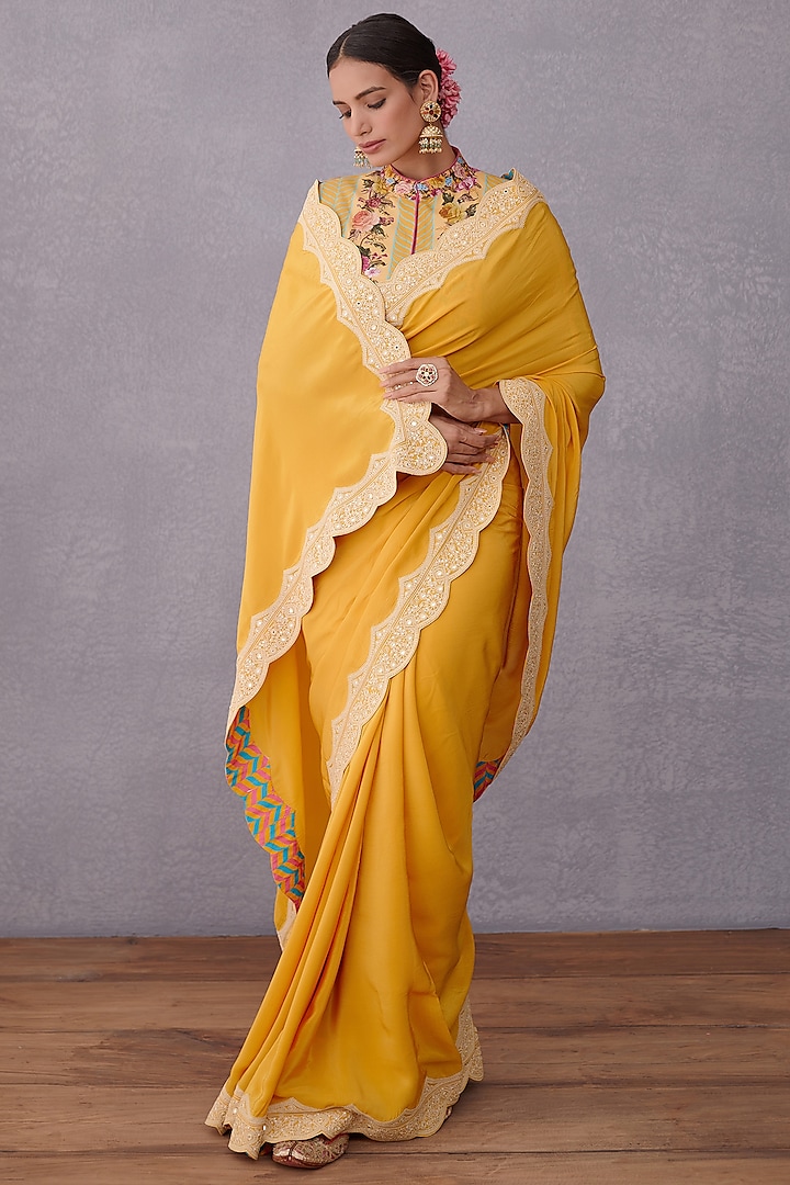 Topaz Yellow Embroidered Silk Crepe Saree by TORANI