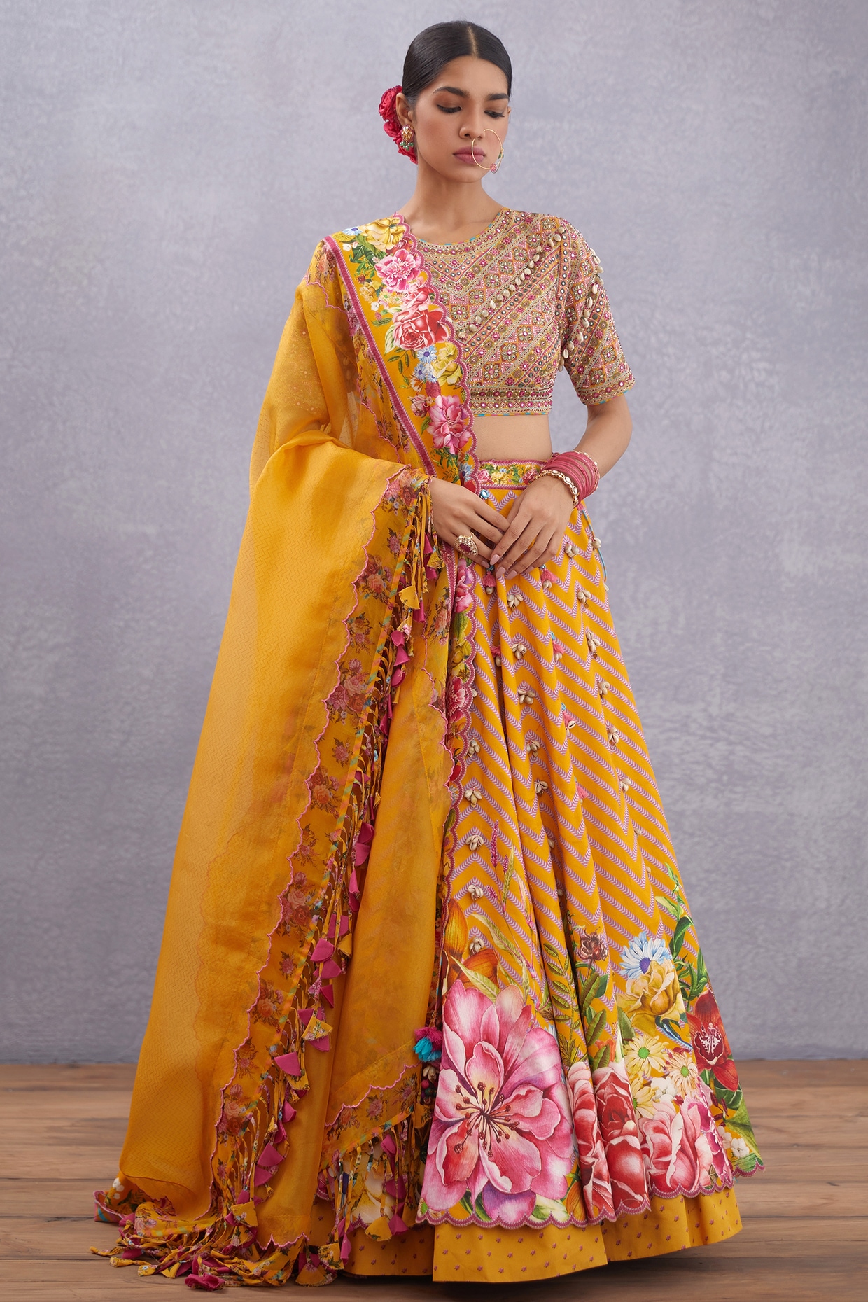 Yellow and Pink Floral Printed Lehenga – Lashkaraa