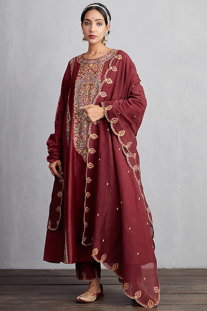 Garnet Red Handwoven Chanderi Kurta Set by TORANI