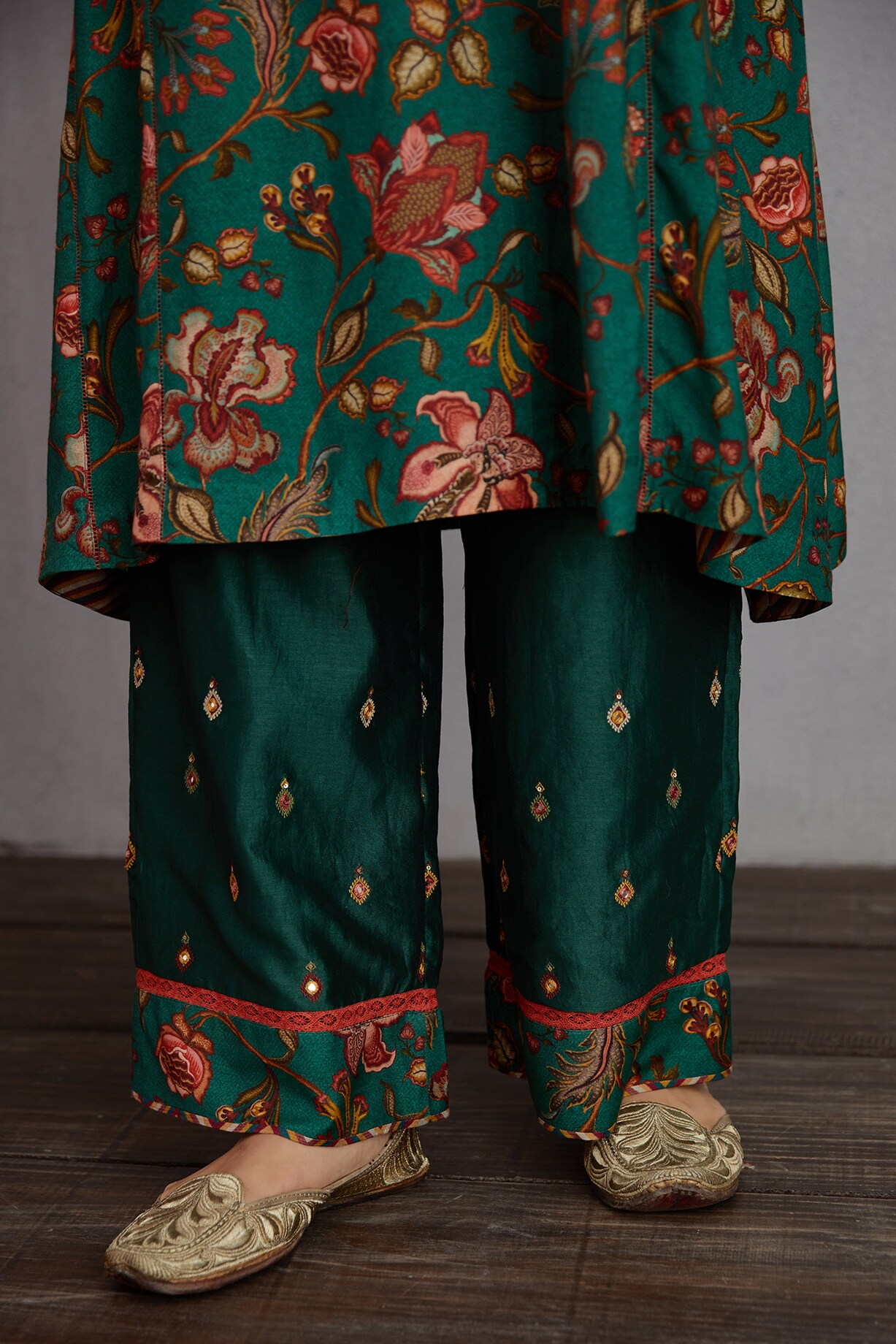 Bottle Green Kurta Art Silk With Mirror Work Aligadhi Pant main image 0