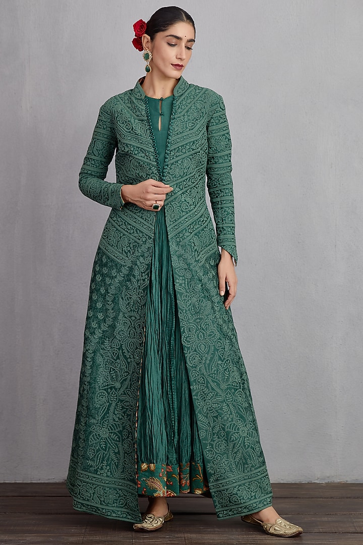 Bottle Green Handwoven Chanderi Machine Embroidered Jacket Party Wear Dress by TORANI at Pernia's Pop Up Shop