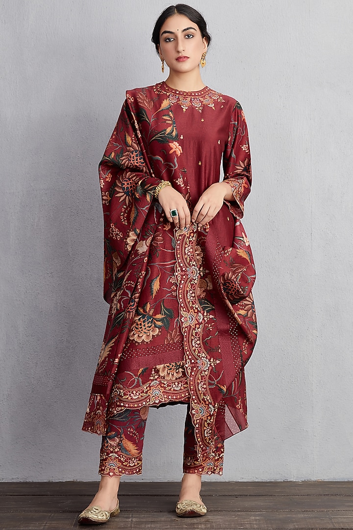Garnet Red Kurta Set With Aari Embroidery by TORANI