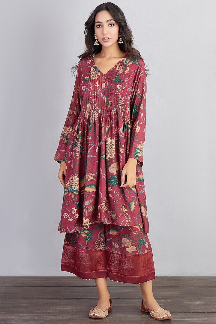 Garnet Red Cotton Silk Kurta Set by TORANI