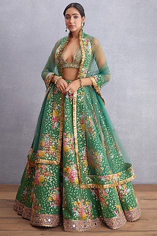 Emerald Green Printed Lehenga Set by TORANI