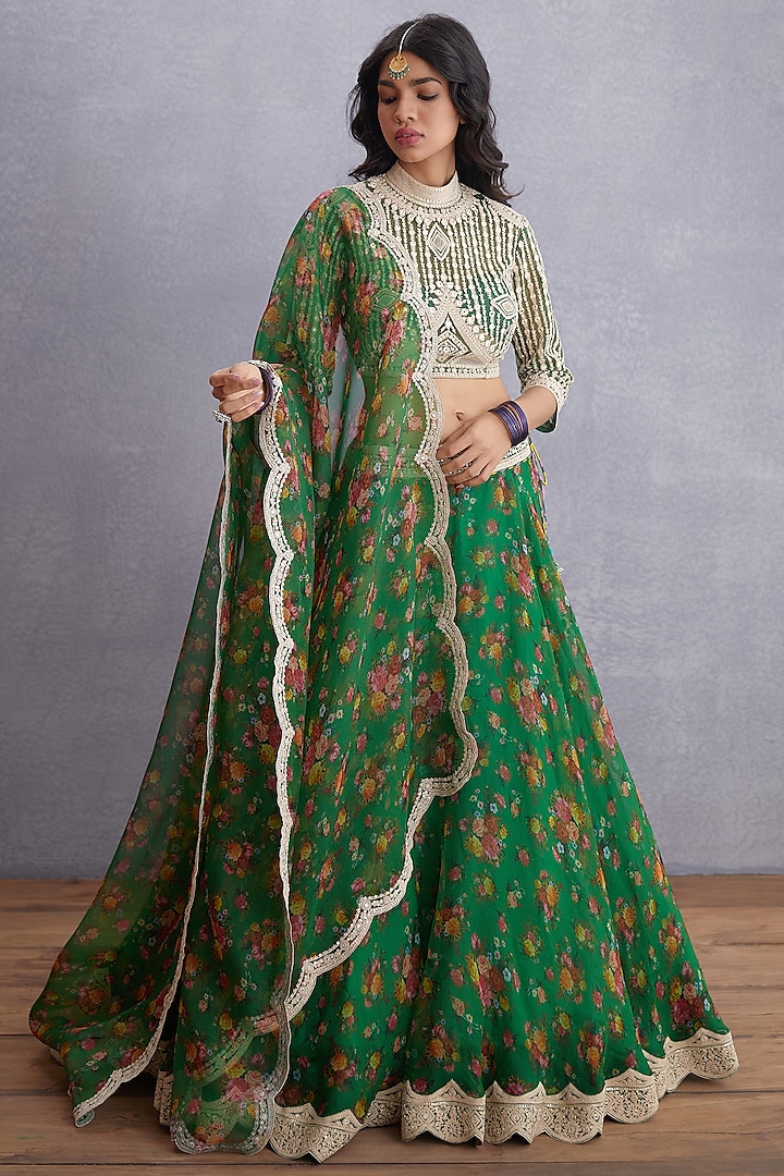 Emerald Green Printed Cotton Silk Bridal Lehenga Set by TORANI at Pernia's Pop Up Shop