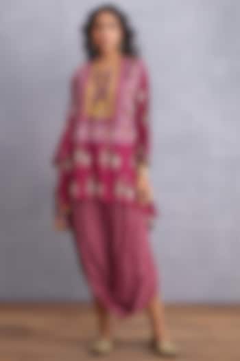 Ruby Red Handwoven Chanderi Dhoti Set by TORANI