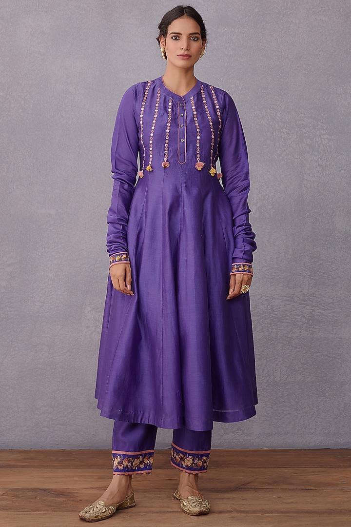 Amethyst Purple Handwoven Chanderi Long Kurta Set by TORANI at Pernia's Pop Up Shop