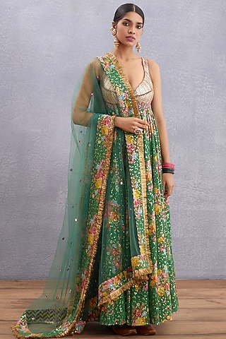 Emerald Green Printed & Embroidered Anarkali Set by TORANI