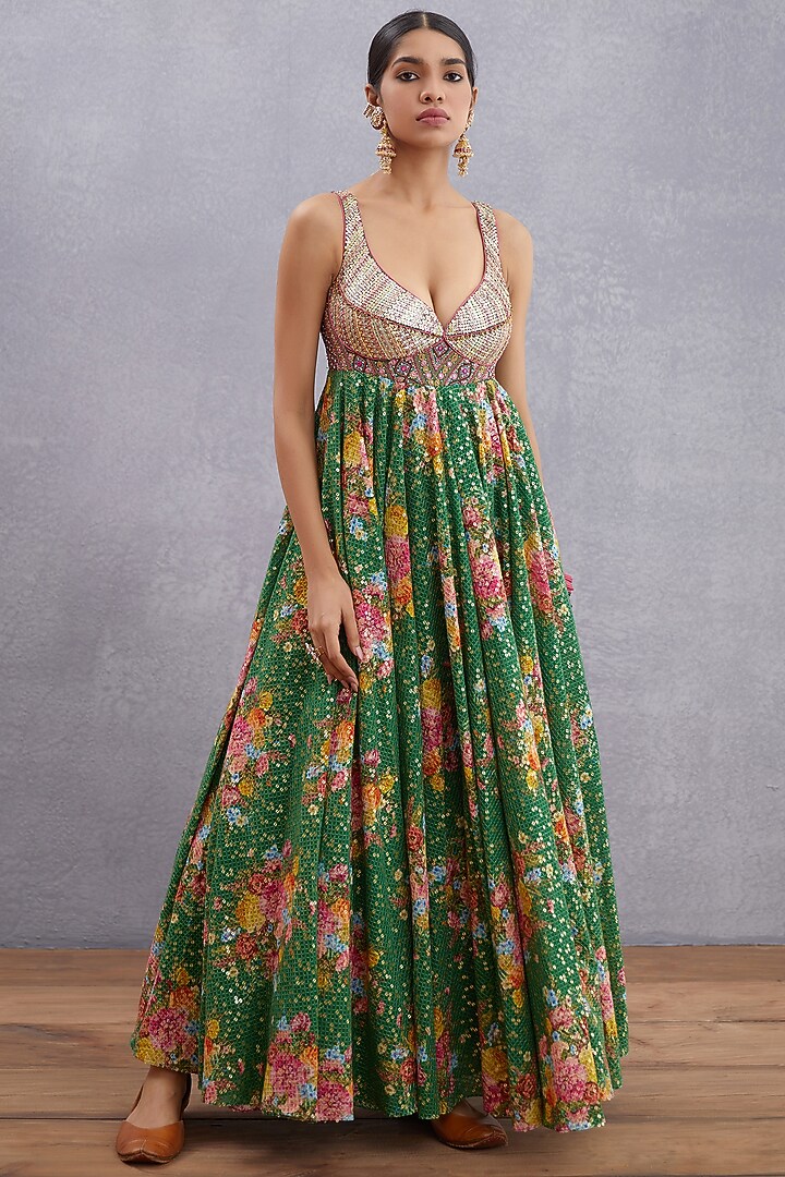 Emerald Green Printed & Embroidered Bridal Anarkali Set by TORANI at Pernia's Pop Up Shop