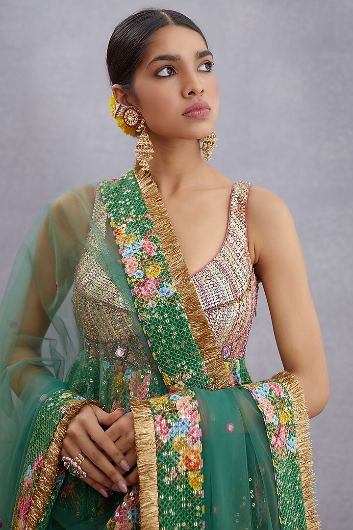 Emerald Green Printed & Embroidered Bridal Anarkali Set by TORANI at Pernia's Pop Up Shop