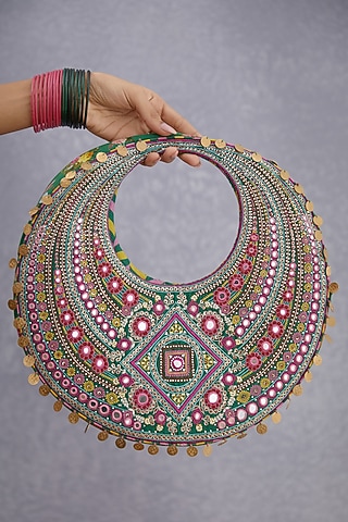 Emerald Green Embroidered Hobo Bag by TORANI