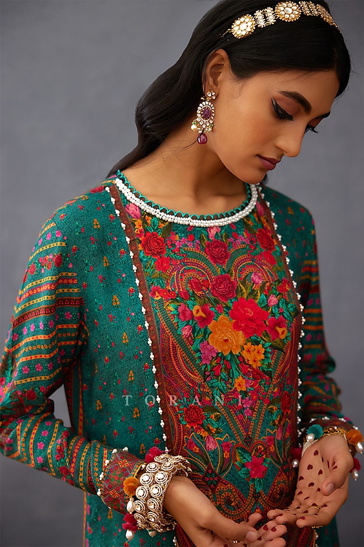 Green Silk Slub Digital Printed Kurta Set by TORANI at Pernia's Pop Up Shop