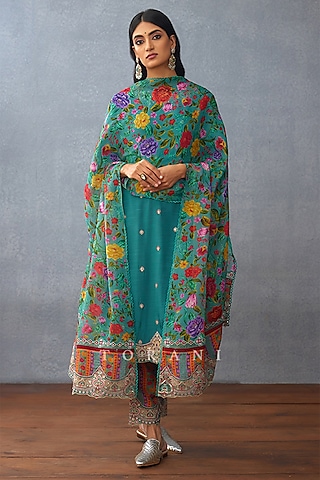 Aqua Silk Slub Embroidered Kurta Set by TORANI