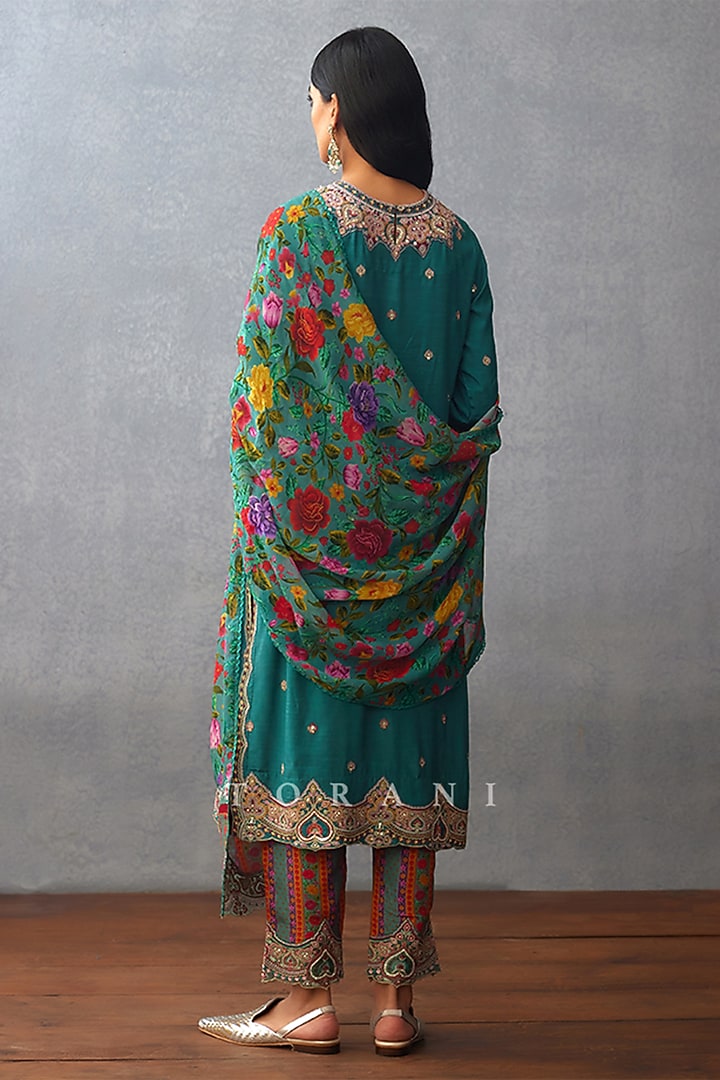 Aqua Silk Slub Embroidered Kurta Set by TORANI at Pernia's Pop Up Shop