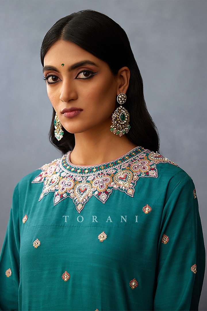 Aqua Silk Slub Embroidered Kurta Set by TORANI at Pernia's Pop Up Shop
