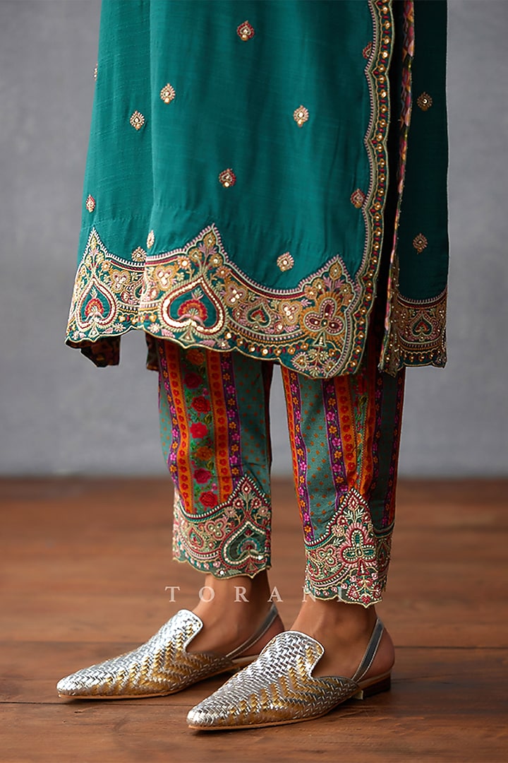 Aqua Silk Slub Embroidered Kurta Set by TORANI at Pernia's Pop Up Shop