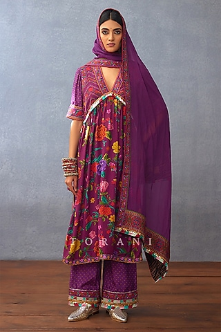Purple Cotton Voile Digital Printed Kurta Set by TORANI