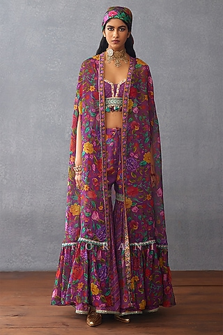 Purple Organza Digital Printed & Dori Embroidered Cape Set by TORANI