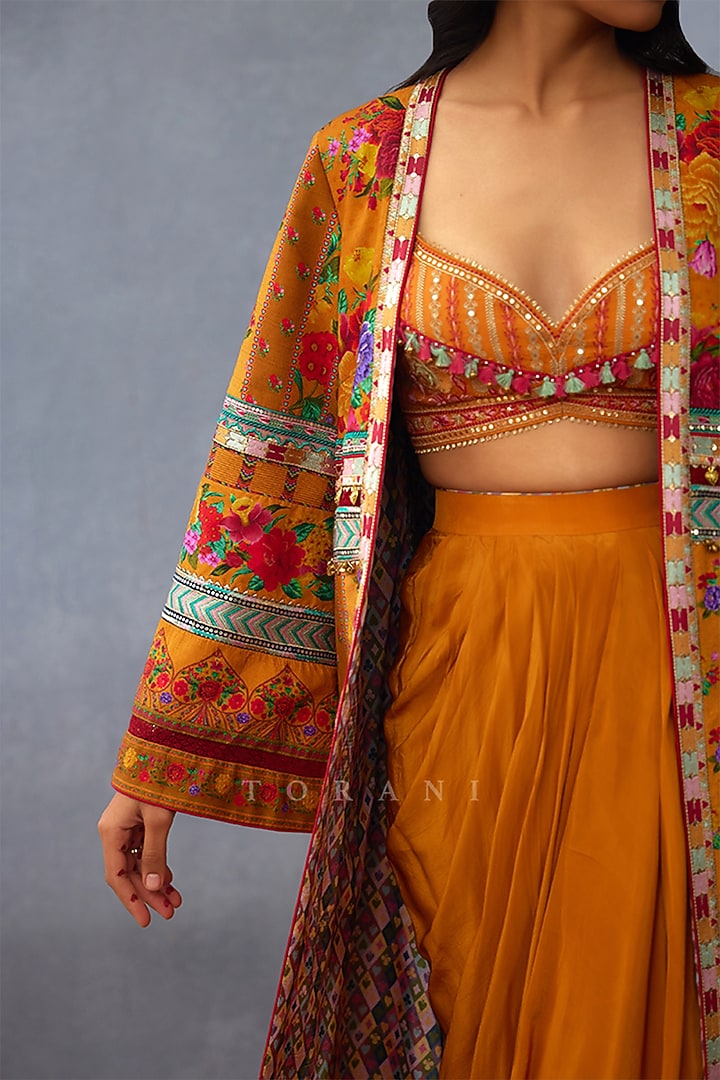Mustard Cotton Jacquard Digital Printed Jacket Set by TORANI at Pernia's Pop Up Shop
