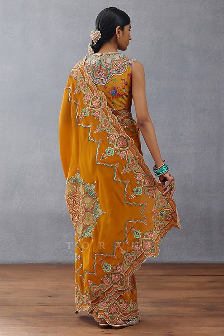 Mustard Slub Silk Hand Embroidered Reception Saree by TORANI at Pernia's Pop Up Shop