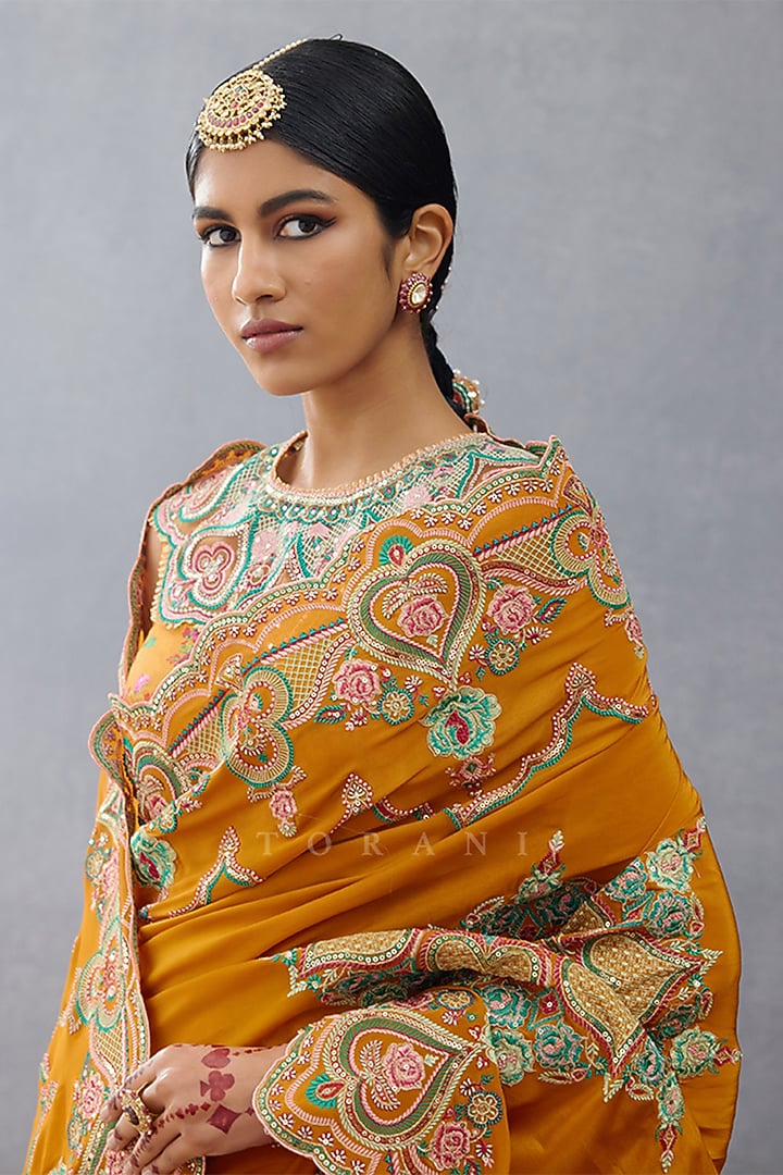Mustard Slub Silk Hand Embroidered Reception Saree by TORANI at Pernia's Pop Up Shop