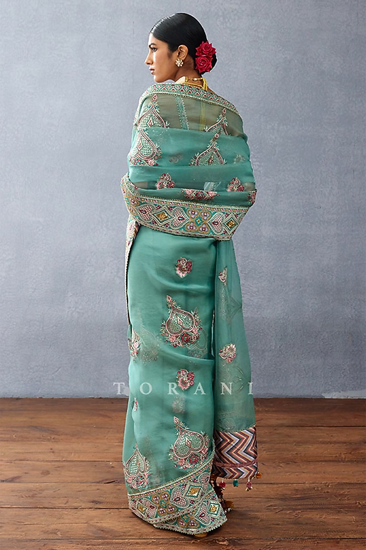 Aqua Organza Digital Printed Bridal Saree by TORANI at Pernia's Pop Up Shop