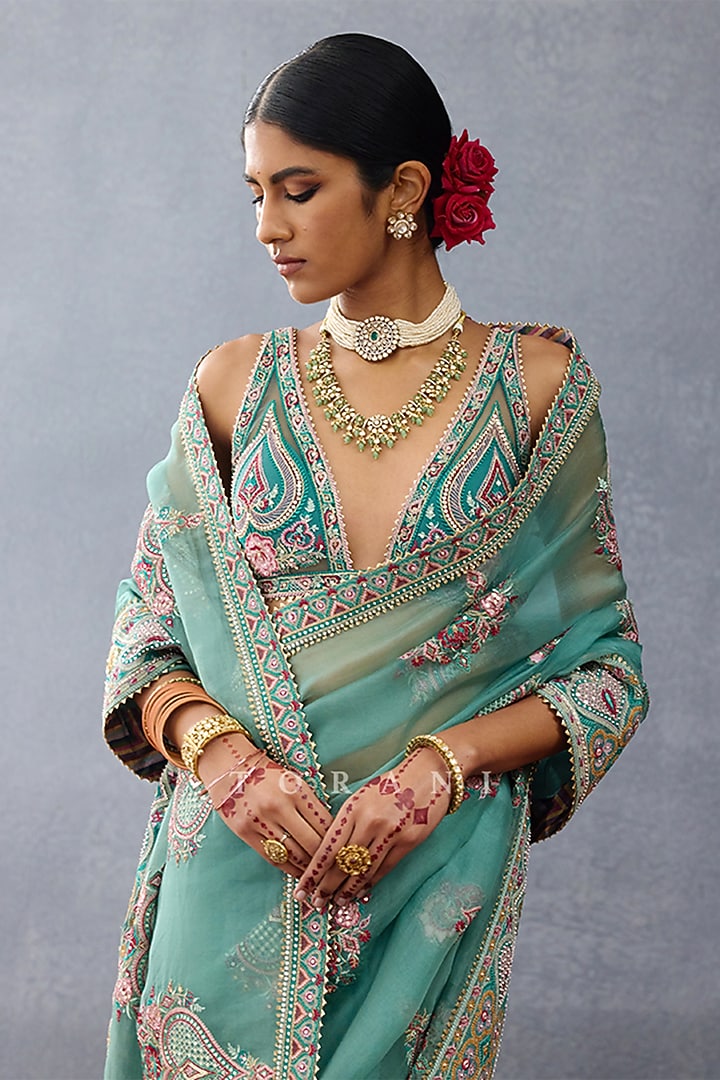 Aqua Organza Digital Printed Bridal Saree by TORANI at Pernia's Pop Up Shop