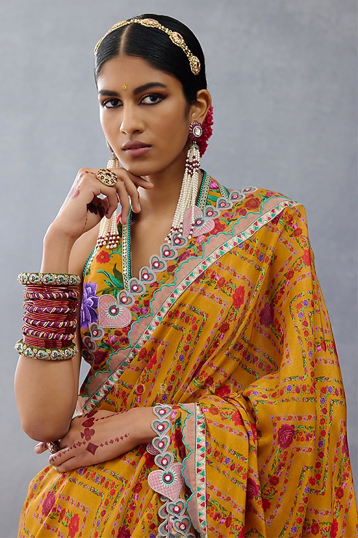 Yellow Muslin Silk Digital Printed Wedding Saree by TORANI at Pernia's Pop Up Shop
