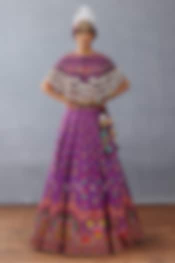 Purple Silk Digital Printed Lehenga Set by TORANI
