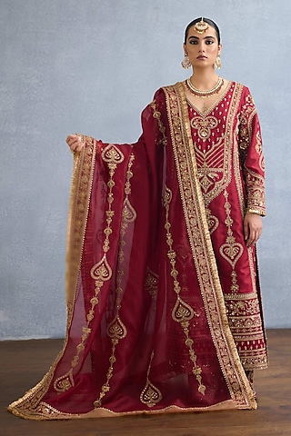 Red Jeni Silk Embroidered Kurta Set by Torani
