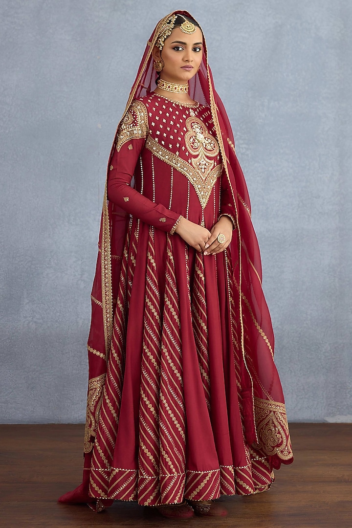 Red Jeni Silk Embroidered Bridal Anarkali Set by Torani at Pernia's Pop Up Shop