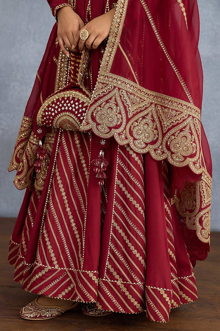 Red Jeni Silk Embroidered Bridal Anarkali Set by Torani at Pernia's Pop Up Shop