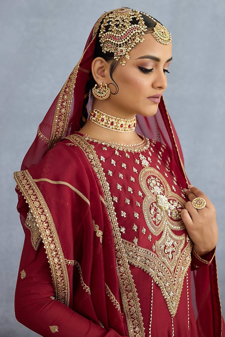 Red Jeni Silk Embroidered Bridal Anarkali Set by Torani at Pernia's Pop Up Shop
