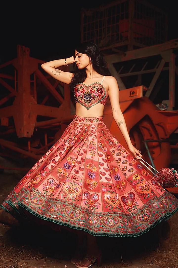 Pink Silk Crepe & Jeni Silk Bridal Lehenga Set by TORANI at Pernia's Pop Up Shop