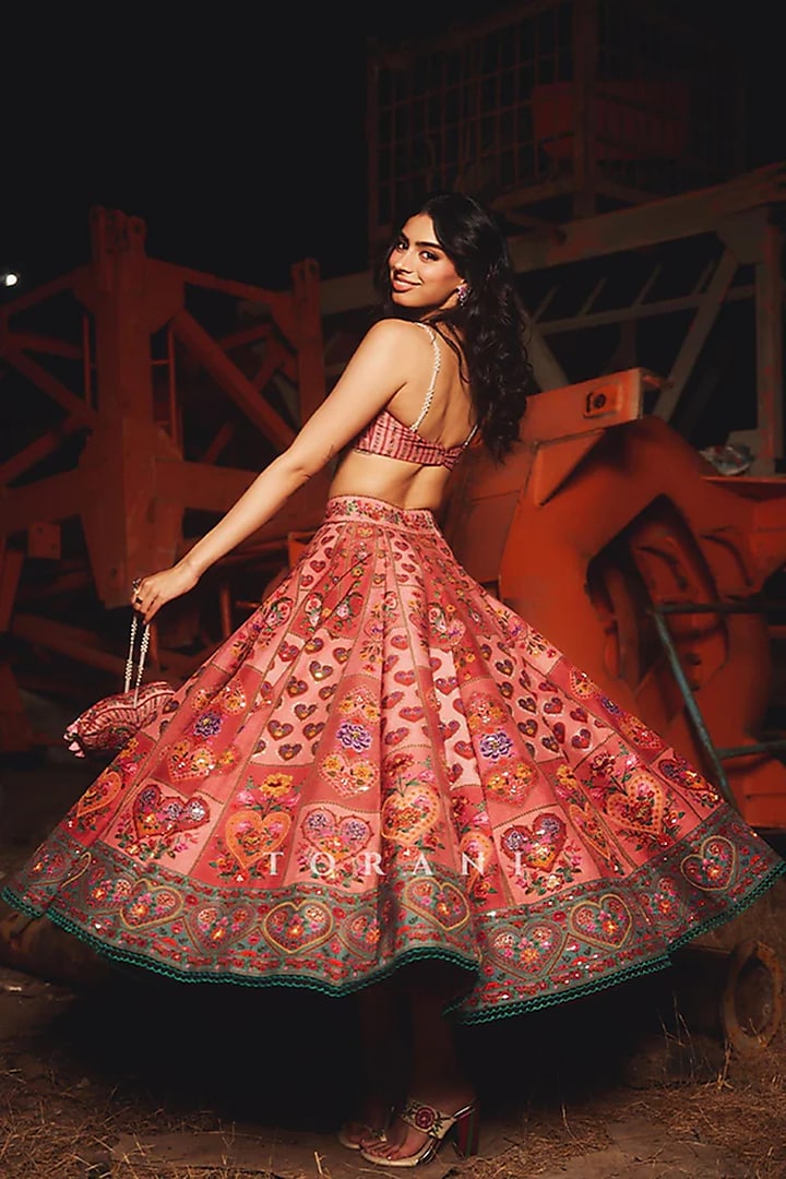 Pink Silk Crepe & Jeni Silk Bridal Lehenga Set by TORANI at Pernia's Pop Up Shop