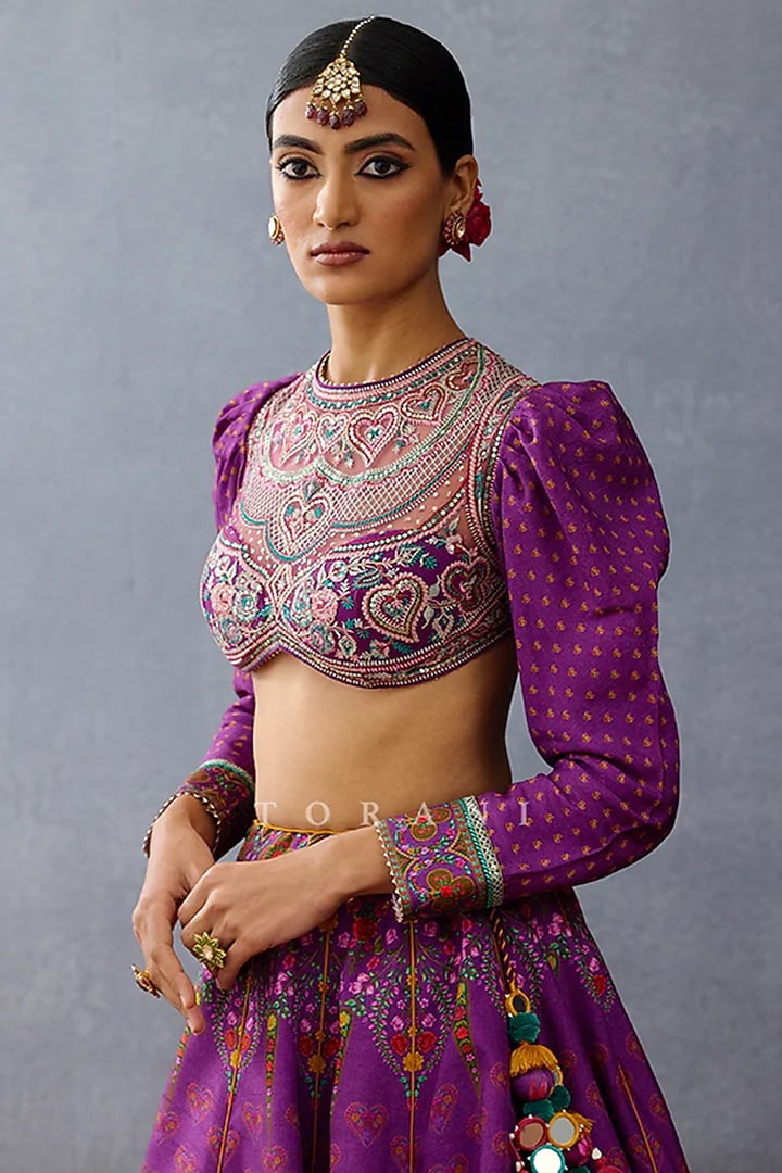 Purple Silk Slub Embroidered & Printed Bridal Lehenga Set by TORANI at Pernia's Pop Up Shop
