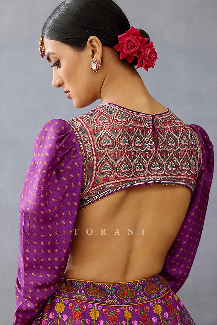 Purple Silk Slub Embroidered & Printed Bridal Lehenga Set by TORANI at Pernia's Pop Up Shop