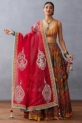 Yellow Silk Slub & Jeni Silk Printed Lehenga Set by torani