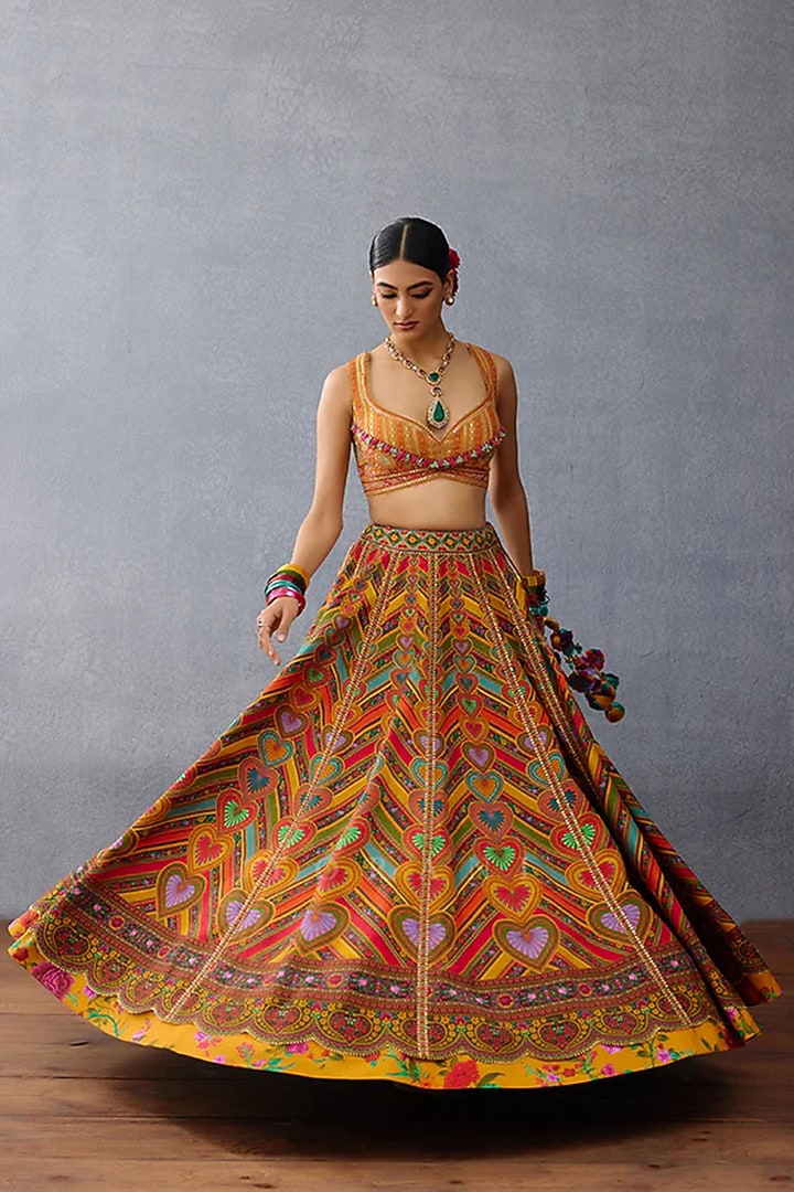Yellow Silk Slub & Jeni Silk Printed Bridal Lehenga Set by TORANI at Pernia's Pop Up Shop