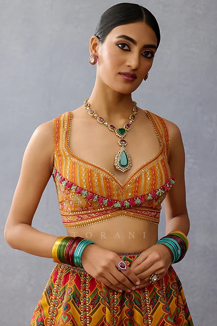 Yellow Silk Slub & Jeni Silk Printed Bridal Lehenga Set by TORANI at Pernia's Pop Up Shop