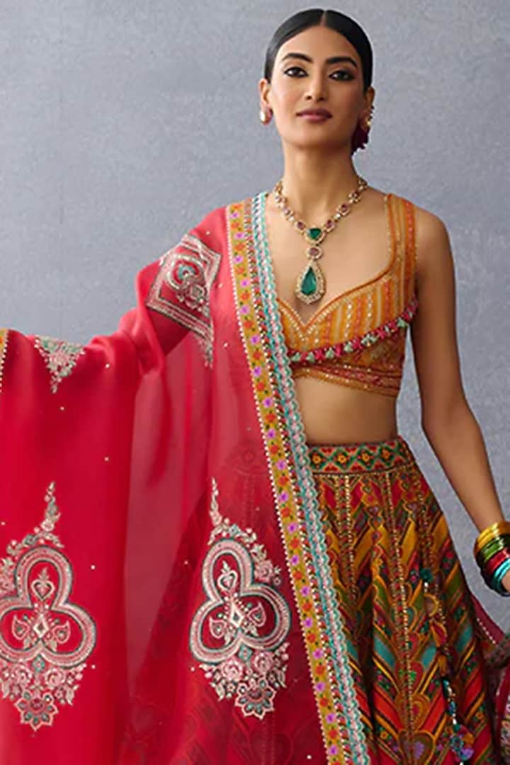 Yellow Silk Slub & Jeni Silk Printed Bridal Lehenga Set by TORANI at Pernia's Pop Up Shop