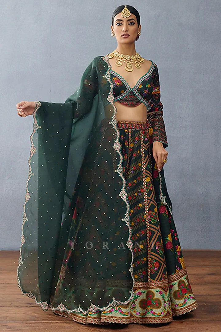 Green Organza & Jeni Silk Printed Wedding Lehenga Set by TORANI at Pernia's Pop Up Shop