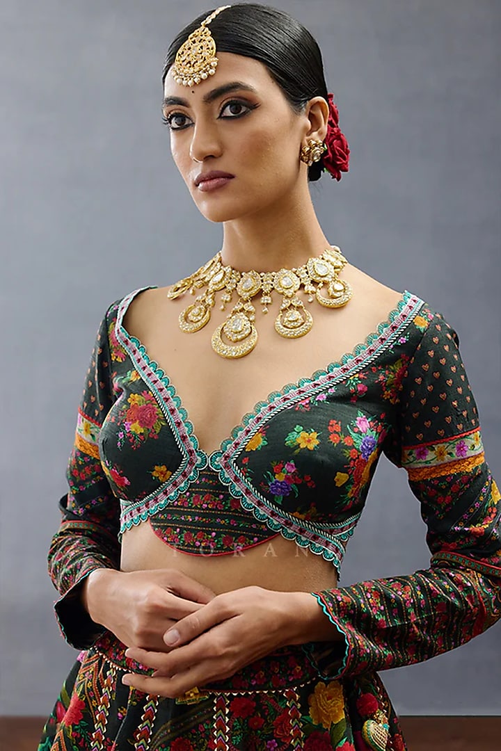 Green Organza & Jeni Silk Printed Wedding Lehenga Set by TORANI at Pernia's Pop Up Shop