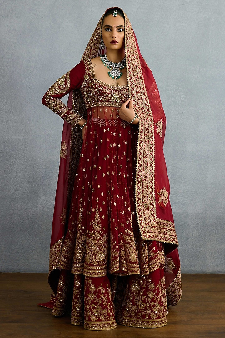 Red Jeni Silk Embroidered Bridal Anarkali Set by Torani at Pernia's Pop Up Shop