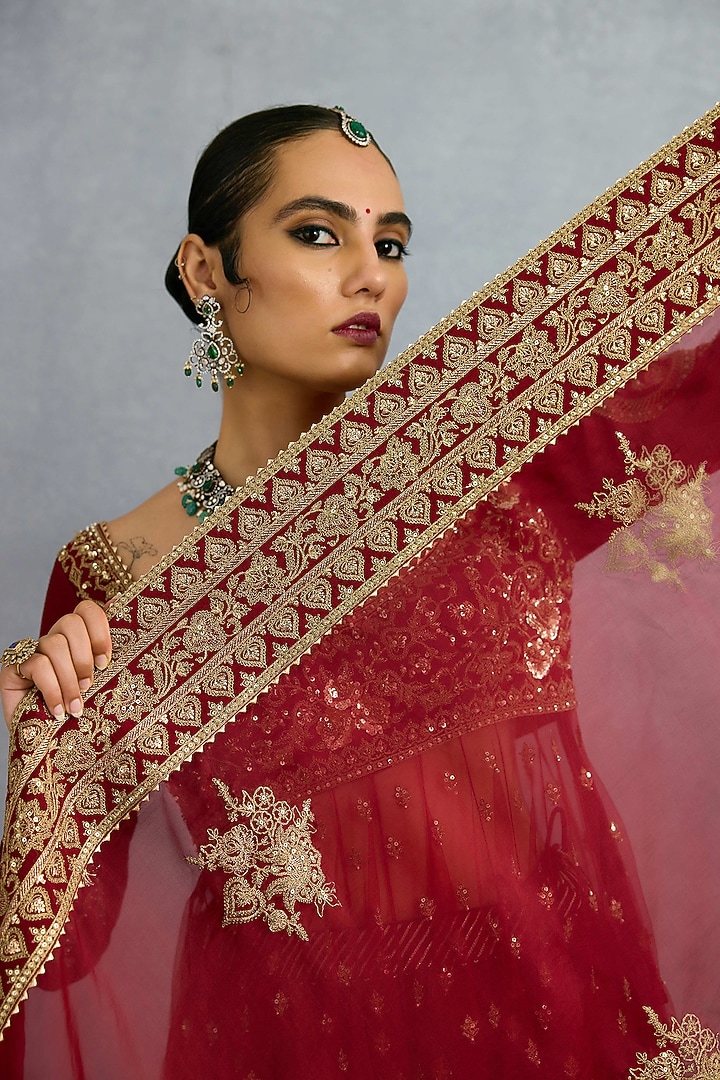 Red Jeni Silk Embroidered Bridal Anarkali Set by Torani at Pernia's Pop Up Shop